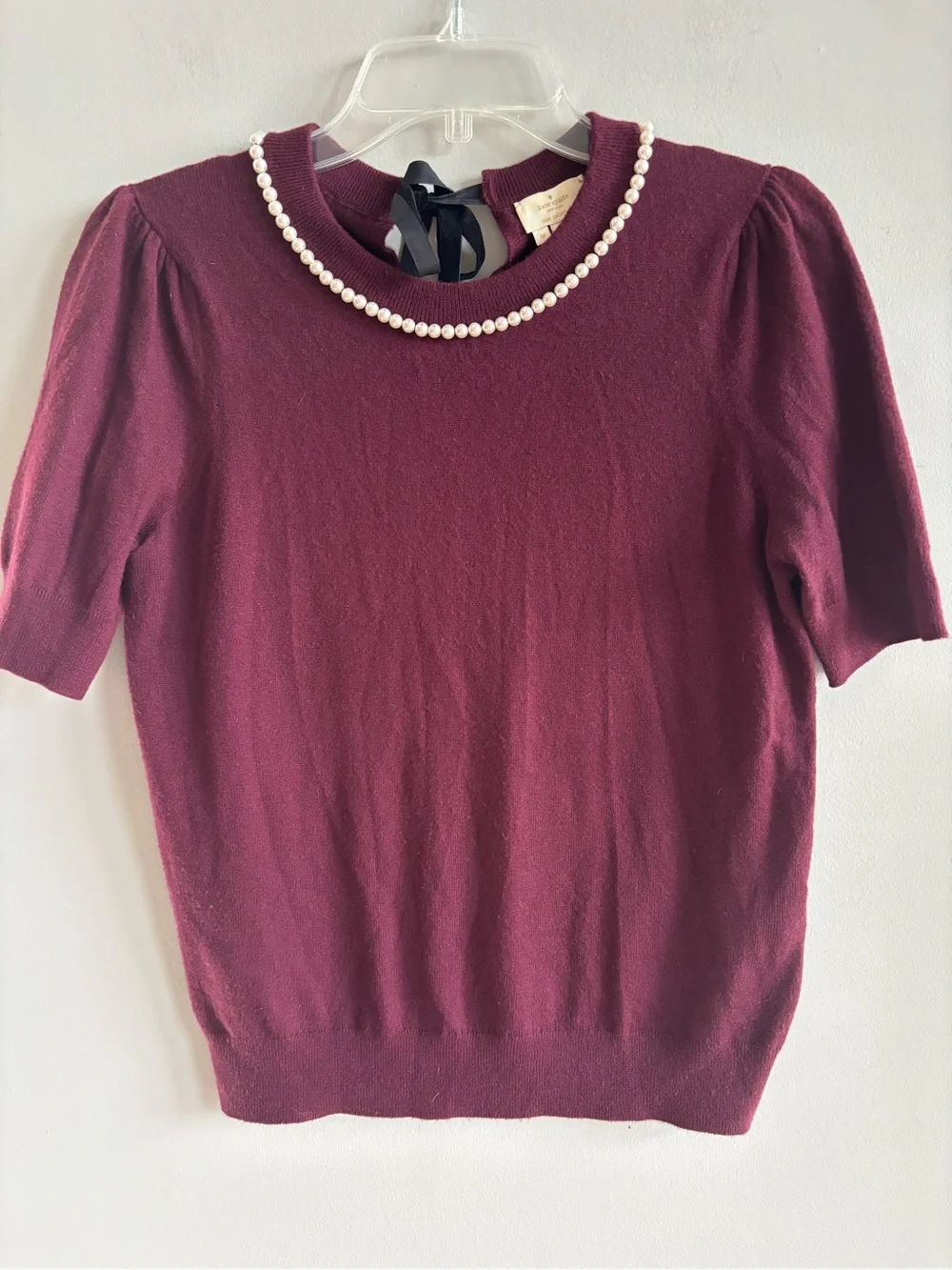 Kate Spade New York Pearl Embellished Velvet Bow Short Sleeve Sweater Burgundy M